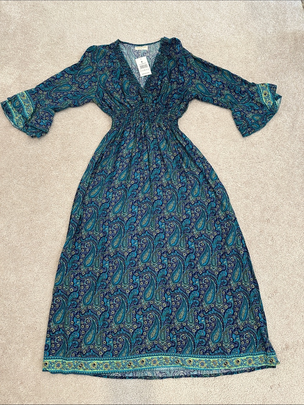 Paisley Teal Maxi Dress with Elastic Waist - Unknown Brand